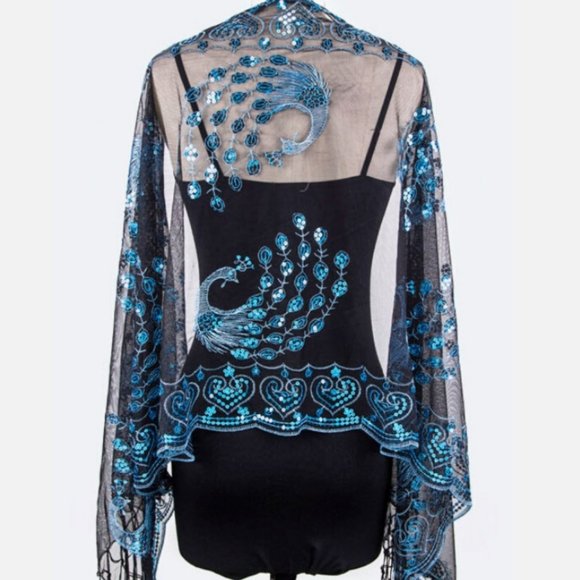 WickedWondersVIPBling.com Accessories - Scarf - Sequins Peacock Lace Blue